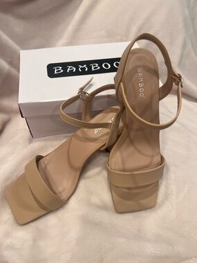 BAMBOO Nude Tan Square-Toe Strappy Block Heels